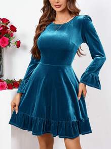 SHEIN Clasi Women'S Velvet Dress With Ruffled Hem - Blue - View 6