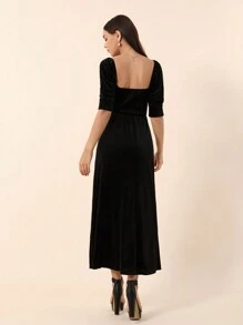 SHEIN Privé Women'S Velvet Puff Sleeve Dress With Bow Tie - Black - View 2