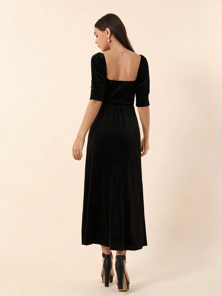 Women'S Velvet Puff Sleeve Dress With Bow Tie