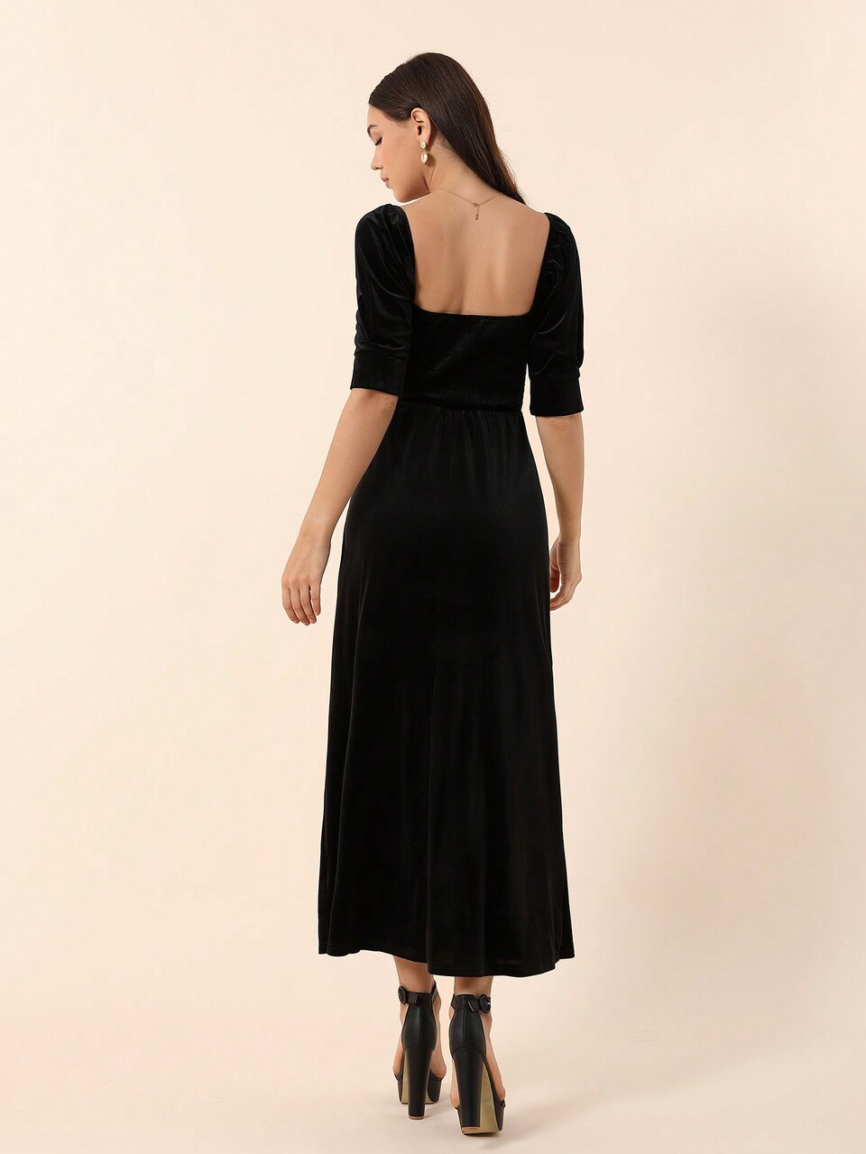 Women'S Velvet Puff Sleeve Dress With Bow Tie