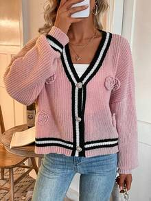 SHEIN Clasi Sọc Áo len Mở Với 3D Hoa Chỉnh trang - Nhiều màu - Xem 5