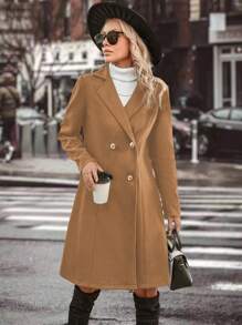 SHEIN Clasi Turn-Down Collar Double Breasted Overcoat - Brown - View 6