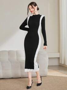 Modelyn Vestido Tipo Suéter Con Bloques De Color Y Cuello Levantado Para Mujer - Azul - Ver 5