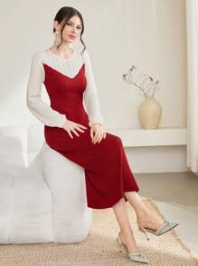 Modelyn Crew Neck Color Block Long Sleeve Sweater Dress (Without Waist Chain) Fall Cloth For Women - Red - View 5