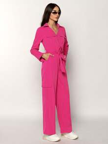 SHEIN Essnce Solid Color Jumpsuit With Belt, Utility Style - Hot Pink - View 4