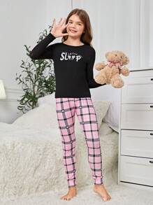 Tween Girl Family Matching Outfits, Letter Print Plaid Snug Fit Pajama Set - Black - View 6