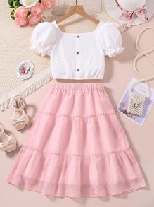 SHEIN Explorewe Cô gái Tween Màu thuần Ống tay áo Áo Với Màu hồng Chấm bi Lưới Bộ váy - Hồng - Xem 1