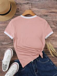 INAWLY 女士對比邊條t恤 - 粉色 - 查看 2