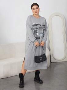 SHEIN Essnce 大碼圓領長袖連衣裙,印花圖案 - 灰色 - 查看 5