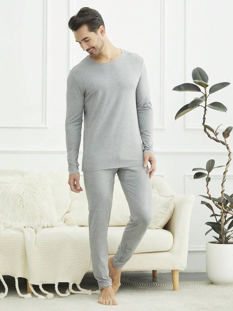 男士圓領長袖長褲保暖內衣套裝 - 灰色 - 查看 4