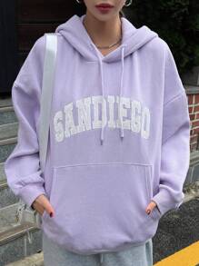 DAZY Thermal Lined Hooded Sweatshirt For Women, Casual Letter Print Pullover Hoodie, Autumn/Winter - Violet Purple - View 3