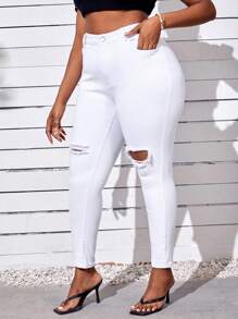 SHEIN SXY 白色大尺碼女士撕裂修身牛仔褲 - 白色 - 查看 4