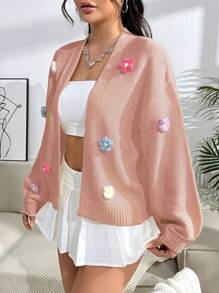 SHEIN Unity Women's Colorful Three-Dimensional Flower Decorated Cardigan - Pink - View 3