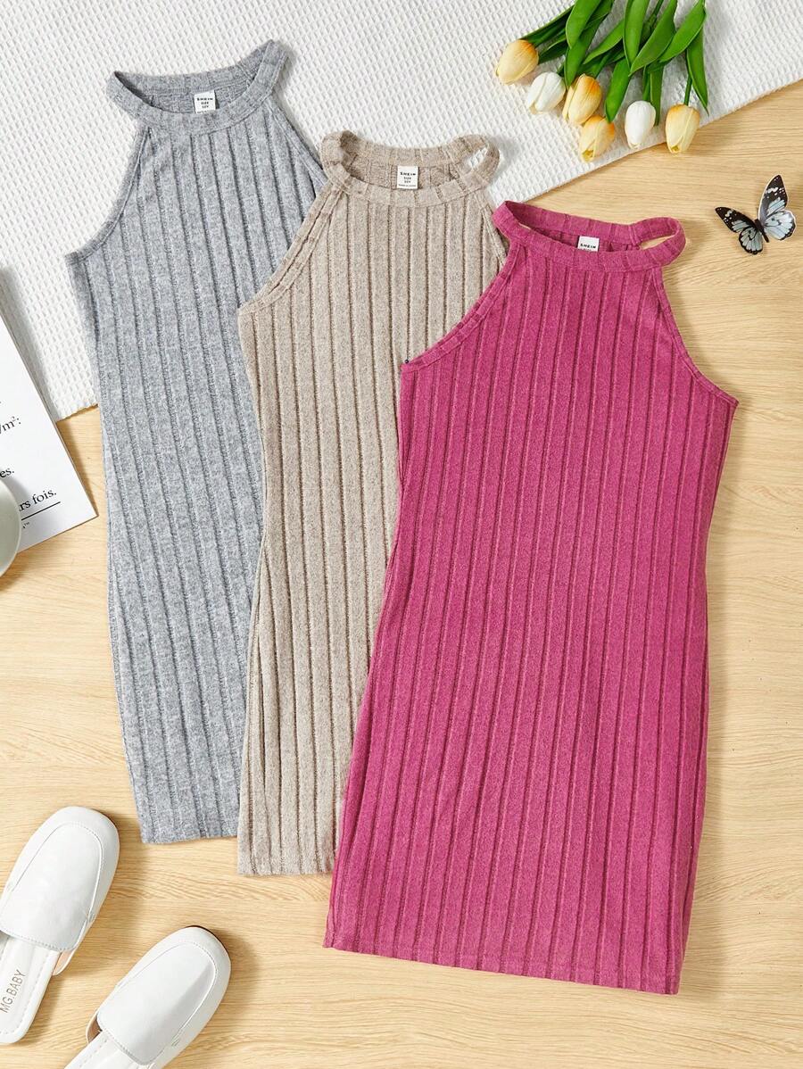 SHEIN Tween Girl Knitted Halter Neck Dress 3 Pieces Set - Multicolor - View 1