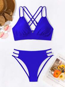 Swim Basics Conjunto De Bikini De Baño Liso Con Detalle De Puntilla Calada