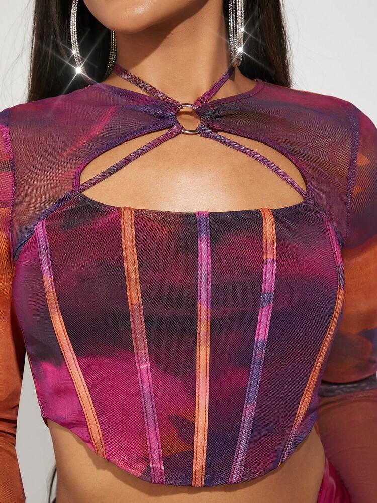 Ladies' Tie-Dye Hollow Out Asymmetrical Hem Top
