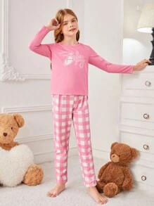 Conjunto de pijama para niña preadolescente con camiseta de manga larga impresa con letra y pantalones largos con patrón de cuadros