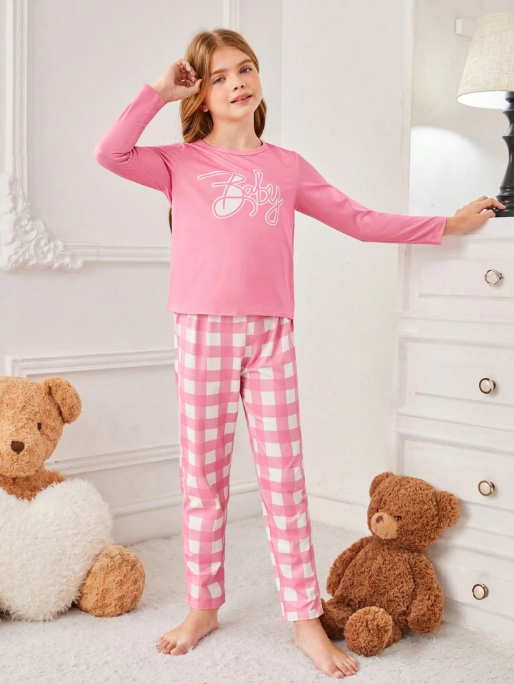 Tween Girl Letter Printed Long Sleeve T-Shirt And Gingham Patterned Long Pants Pajama Set