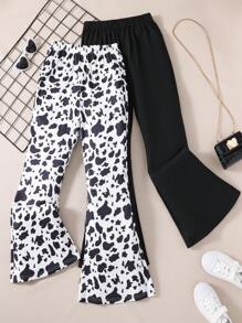 SHEIN Tween 女童牛印花純色喇叭褲套裝,2 件套 - 彩色 - 查看 1