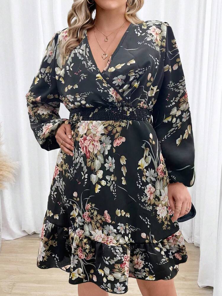 Plus Size Floral Printed Cinched Waist Dress