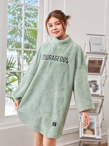 Teenage Girls' Fleece Double-Sided Embroidered Turtleneck Casual Sweatshirt With Woven Label - Mint Green - View 4