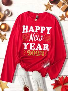 SHEIN LUNE 2024新年春節字母和數字印花圓領長袖女士T恤 - 紅色 - 查看 1