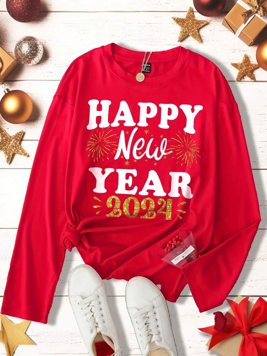SHEIN LUNE 2024新年春節字母和數字印花圓領長袖女士T恤 - 紅色 - 查看 1