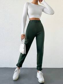 RueChic Solid Elastic Waist Sweatpants - Green - View 4