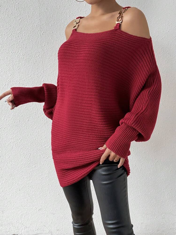 Hollow Out Batwing Sleeve Sweater With Cutout Shoulder Knit Pullover Fall Winter Sweater
