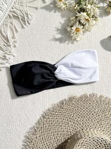 撞色雙肩帶扭結細節的束頭比基尼上衣,嘉年華風情 - 黑與白 - 查看 4