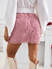 SHEIN Privé 3d Flower Embellished High Waist Straight Skirt - Coral Pink - View 2