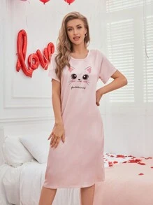 Cartoon Pattern Ladies Pajama Night Dress, Moo Moo - Pink - View 6