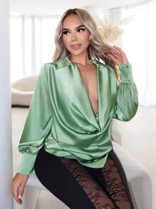 SHEIN SXY Spring Women Clothes Satin Swing Collar Women's Long Sleeve Shirt