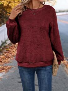 SHEIN LUNE 女性純色泰迪絨毛衣 - 酒紅色 - 查看 3