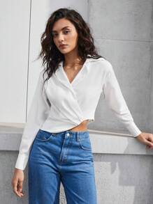 BizChic Women's Solid Color Asymmetrical Hem Shirt - White - View 7