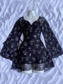 SHEIN LUNE Kích thước lớn Của phụ nữ Lưới In Nấm Đầm - màu đen - Xem 2