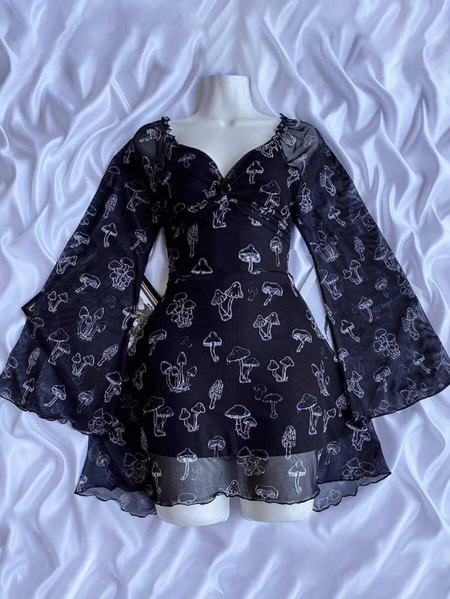 SHEIN LUNE Kích thước lớn Của phụ nữ Lưới In Nấm Đầm