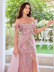 Mesh Spliced Sequin High Slit Cami Cocktail Dress - Pink - View 7