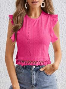 SHEIN VCAY Camiseta Con Dobladillo Con Flecos Y Bordado De Ojales - Rosa Fucsia - Ver 3