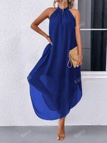 EARO Women Summer Vacation Casual Solid Color Halter Dress