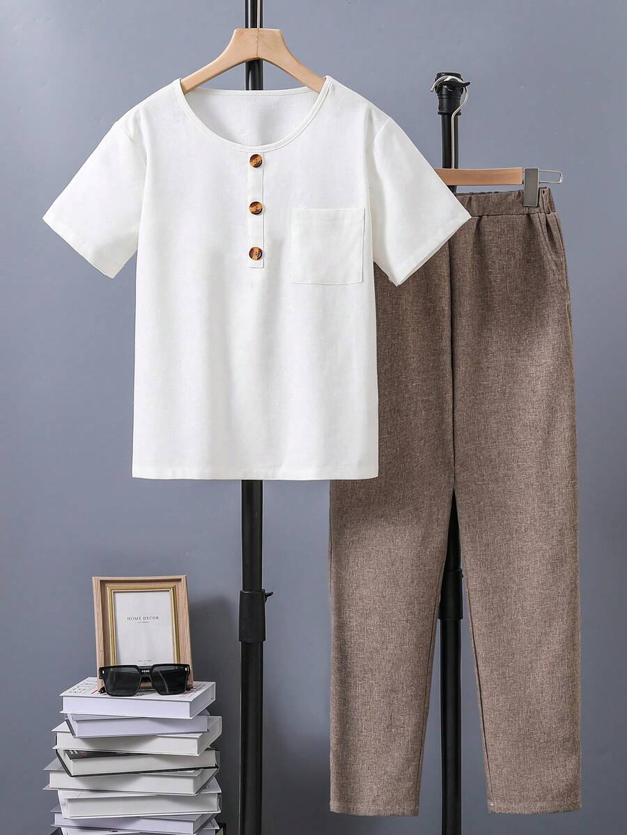 SHEIN Tween Boy Round Neck T-Shirt And Long Pants Casual Two Piece Set - Multicolor - View 1