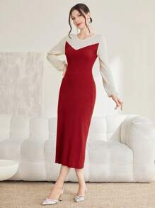 Modelyn Crew Neck Color Block Long Sleeve Sweater Dress (Without Waist Chain) Fall Cloth For Women - Red - View 3