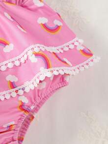 嬰兒女寶寶彩虹印花拼色邊飾肩帶連身衣 - 粉色 - 查看 8