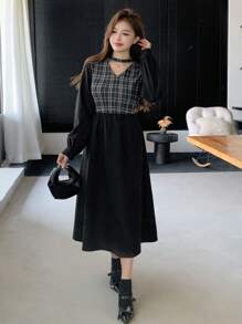 DAZY Của phụ nữ Kẻ sọc Vá lại Vòng cổ & Viền ren Xu hướng: Cắt giảm Đầm - màu đen - Xem 4
