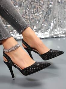 2025 秋冬新款尖头亮片银色高跟鞋，性感细高跟水钻单带，优雅，女式浅口鞋