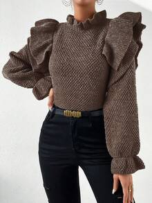 SHEIN Essnce 荷葉邊裝飾長袖毛衣 - 棕色 - 查看 3