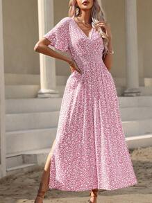 Breezaya Flower Print V-Neck Ruffle Short Sleeve Dress Maxi Vacation Beach Outfits Women - Pink - View 7