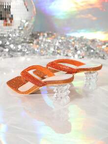 時尚水鑽一腳蹬方頭透明高跟涼鞋 - 橘色 - 查看 5