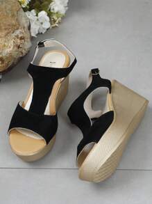 女士大尺碼跨境楔形涼鞋,厚底和腳踝帶 - 黑色 - 查看 3