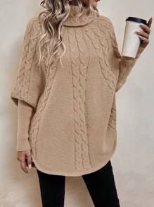 SHEIN LUNE Turtleneck Batwing Sleeve Cable Knit Poncho - Apricot - View 4